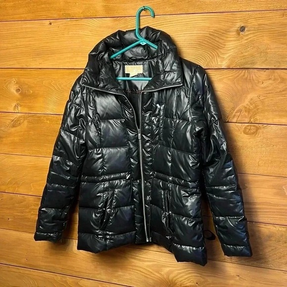 MICHAEL Michael Kors Black Down Puffer Coat Jacket Full Zip L Large Winter warm - Picture 1 of 11